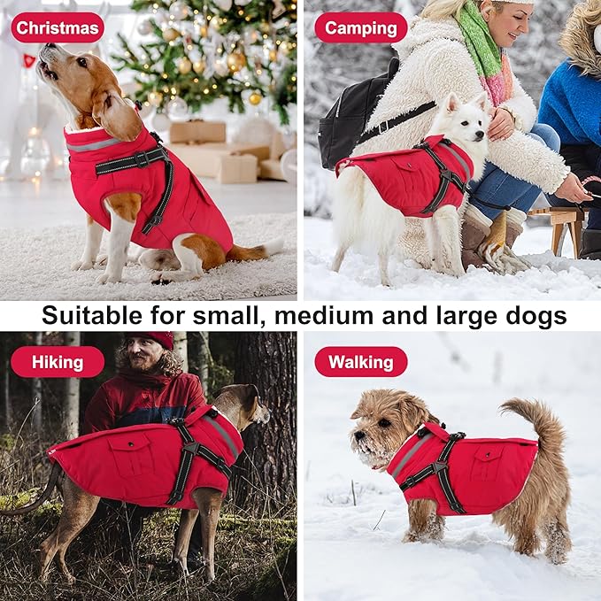 Dogcheer Dog Coat with Harness, Waterproof Dog Jacket Christmas Puppy Winter Coat with Pockets, Reflective Doggy Winter Jacket Soft Pet Fleece Snow Jacket for Small Medium Large Dogs - Red, 2XL