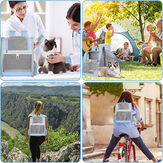 Cat Backpack Carrier, Large Pet Backpack with Kitten Wand Feather Toy for Medium Small Dog Cat Puppy Kitty Bunny up to 15lbs, Ventilated Mesh Dog Travel Carrier for Hiking Walking Outdoor Use (Blue)