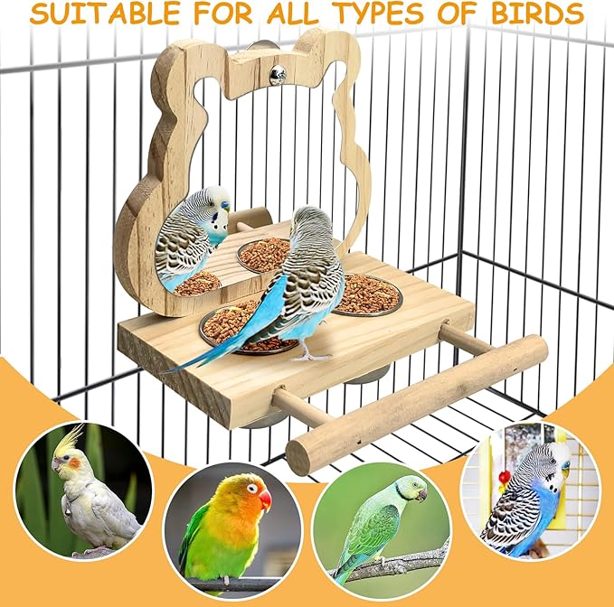Tfwadmx Bird Parrot Wooden Feeding Cups with Wooden Platform Stainless Steel Birds Bowls Food Water Bowls with Bird Food Holder for Cockatiel Parakeet Macaw Finches Lovebirds