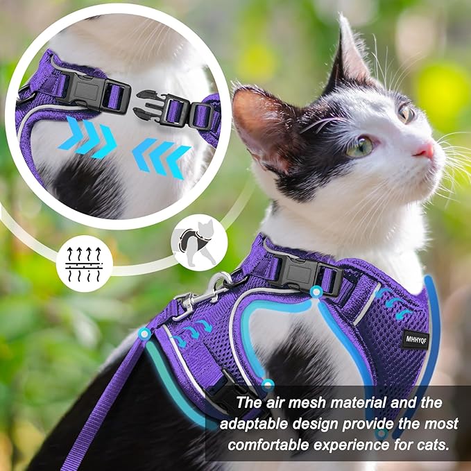 Cat Harness and Leash Set for Walking Escape Proof, Improved Four Place Adjustable Cat Car Harness, Soft Kittens Vest with Reflective Strip for Cats, Comfortable Outdoor Vest, Purple, XS