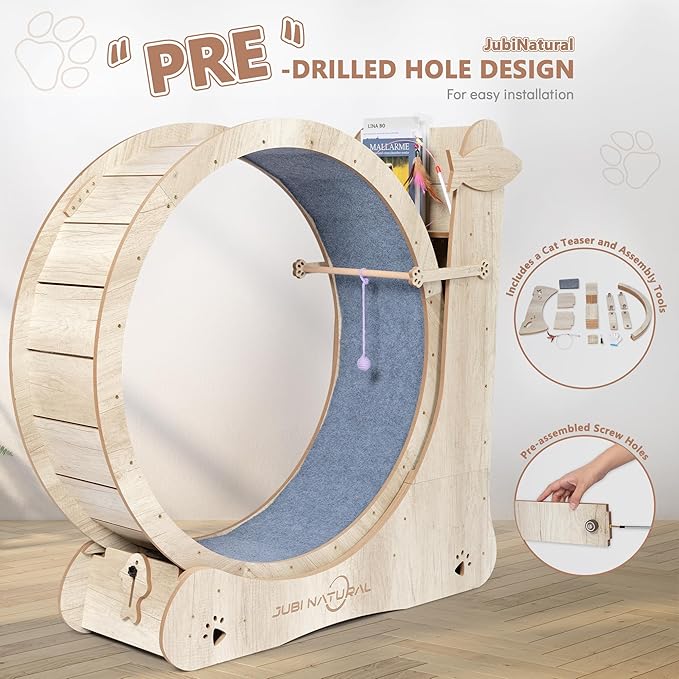 Cat Exercise Wheel, 40" Cat Running Wheels for Indoor Cats with with Locking Mechanism, Cats Treadmill Wheels with Scratching Board and Teaser Toy, Cat's Weight Loss and Health