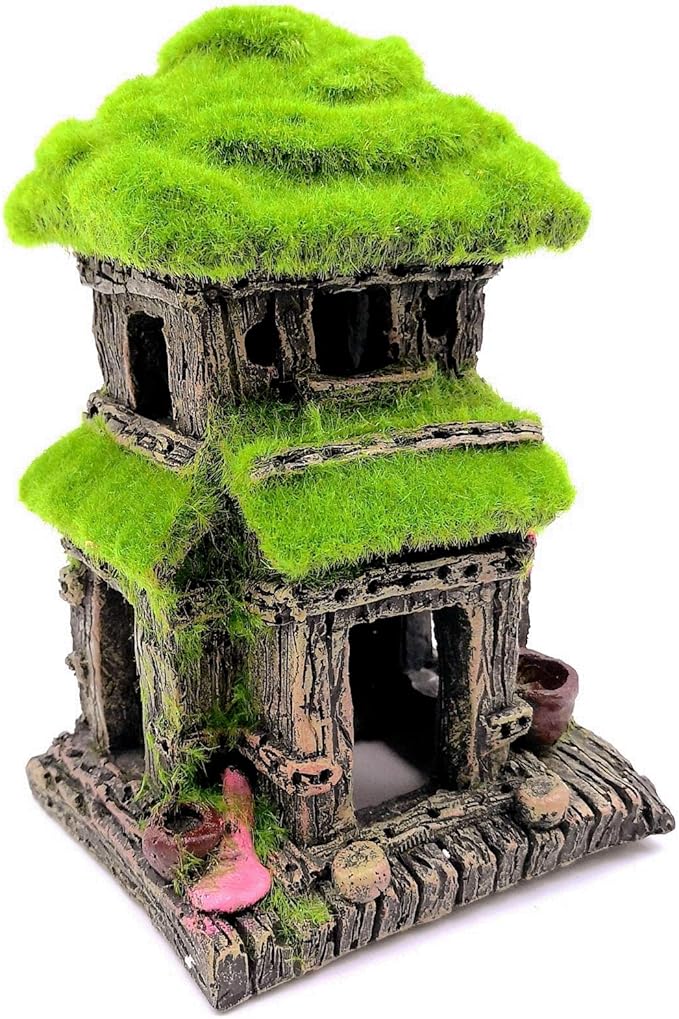 M2cbridge Aquarium Decorations Fish Hideout House Betta Cave with Green Lifelike Moss (Style 3)