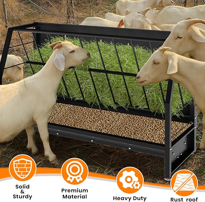 Goat Hay Feeder, 2 in 1 Heavy-Duty Galvanized Metal Pasture Hay Feeder 50 Gallon, Livestock Hay Feeder with Deeper Feeding Pan, Hay Feeder for Sheep, Goats, Calf, Cow and Horse