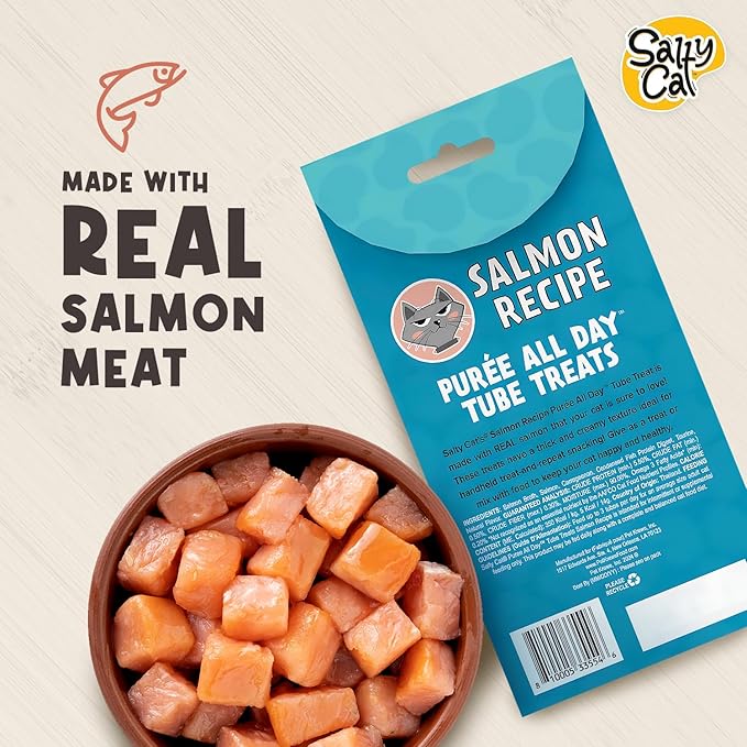 Salty Cat Creamy Purée Salmon Cat Treat – Lickable with Real Salmon, Squeeze Treats with No Preservatives, 14g Tube That Support Healthy Skin & Coat