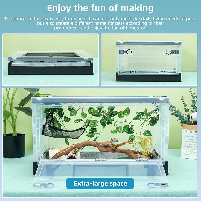 Foldable 16" Reptile Terrariums, Snake Tanks, and Enclosures for Bearded Dragons, Iguanas, Lizards, Crested Geckos -Clear Views, Portability, High-Temperature Resistant Iron Mesh Ventilation