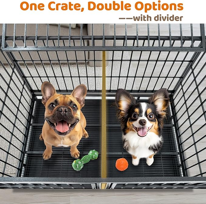 Homey Pet 43 Inch Heavy Duty Dog Crate Cage Kennel for Medium Dogs with Three Door, Divider, Removable Grid & Tray, 4 x Lockable Wheels, 2 x Bowls, Stackable Drop Cages for Breeders, Groomers