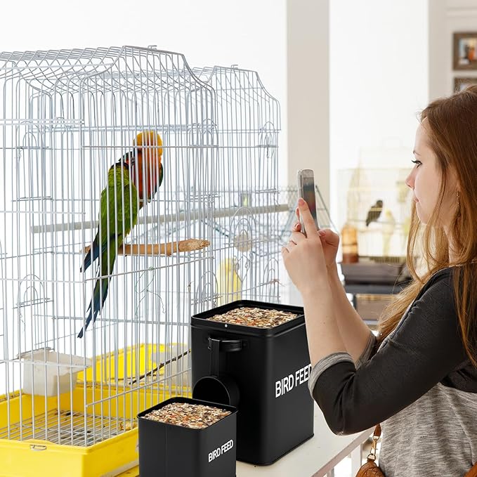 2 Pcs Metal Bird Seed Container with Scoop, Bird Feed Storage Container with Fitted Lid, Ideal Gift for Birds and Pet Owners (Black)