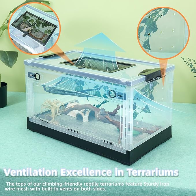 Foldable 16" Reptile Terrariums, Snake Tanks, and Enclosures for Bearded Dragons, Iguanas, Lizards, Crested Geckos -Clear Views, Portability, High-Temperature Resistant Iron Mesh Ventilation