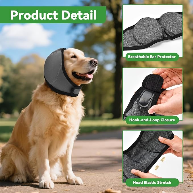 Dog Ear Covers for Bath, Dog Ear Muffs Noise Protection, Elastic Waterproof Ear Protector with Calming Hoodie Design for Fireworks, Vet Visits, Grooming (Gray, Small)
