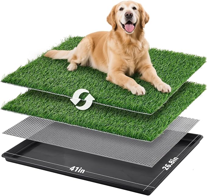 LOOBANI 41x27in Large Dog Litter Box: Dog Grass Pad with Tray with 2×Artificial Grass Pads + 1×Drainage Grate - Quickly Absorbent Portable Patio Potty for Balcony Apartment Indoor Outdoor Use