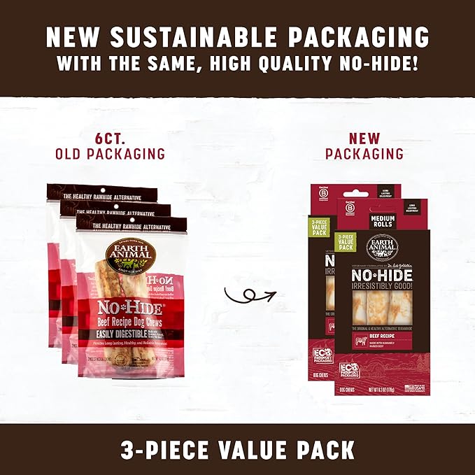 Earth Animal No Hide Medium Beef Flavored Natural Rawhide Free Dog Chews Long Lasting Chew Sticks | Treats for Large Dogs | Great for Aggressive Chewers - 6 Count