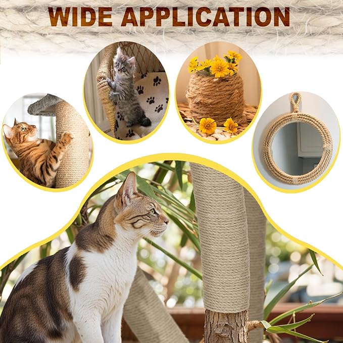 164 FT Sisal Rope for Cat Scratcher Kits, 4MM Natural Hemp Twine Rope Replacement for Cat Scratching Post Repairing Scratcher Cat Tree Tower Toys Indoor DIY Craft with Hot Glue Gun and Glue Sticks