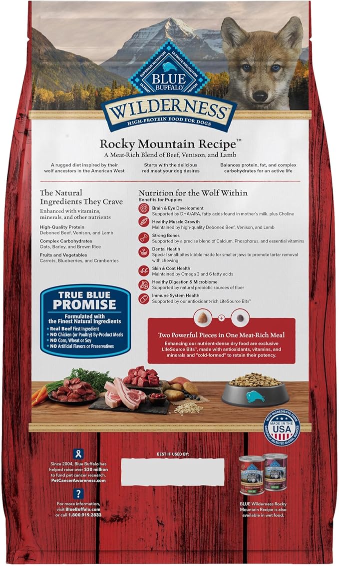 Blue Buffalo Wilderness High-Protein Rocky Mountain Recipe Dry Food for Puppies, Red Meat & Grains, 28-lb Bag