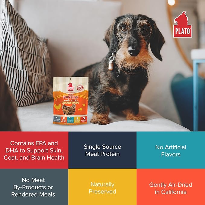 PLATO Mini Thinkers Sticks - Natural Dog Treats - Real Meat - Air Dried - Made in the USA, Chicken Flavor, 6 ounces