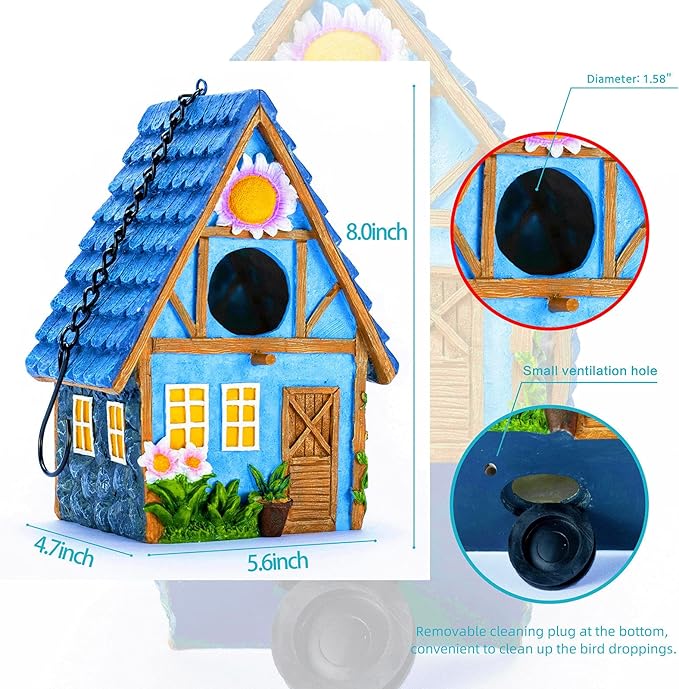 Garden Bird House for Outside Clearance Hanging Outdoors Country Cute Birdhouses for Wren Finchs Chickadee Hummingbird Tree Swallow Cage Kids Nature Lover Bluebird House(Blue)