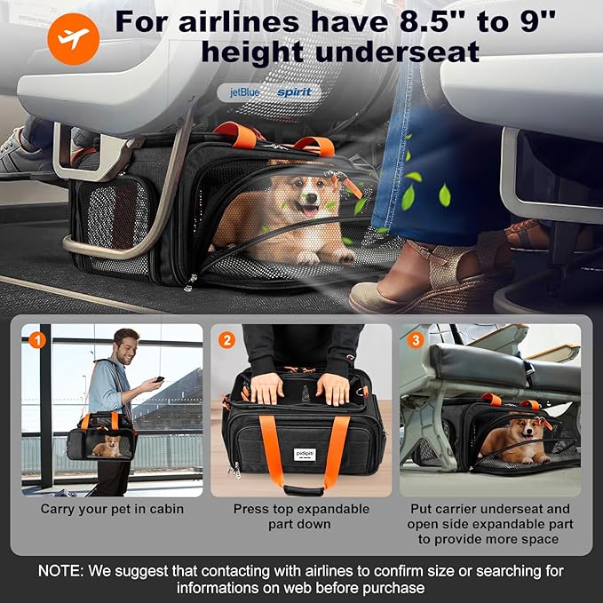 17x12x8.3 TSA Approved Expandable pet Carrier for Extra-Small Dog Under 6 lbs,Small-Medium cat Under 8 lbs,for jetblue and Other Airlines only Have 8.5'' Height Space underseat