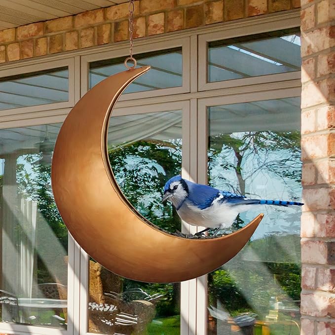 Hanging Moon Bird Feeder – Unique Metal Bird Feeders for Outdoors, Antique Gold, Rust-Resistant, Drain Holes – Wild Bird Feeder for Bluebirds, Cardinals, Finches, and Backyard Birdwatching