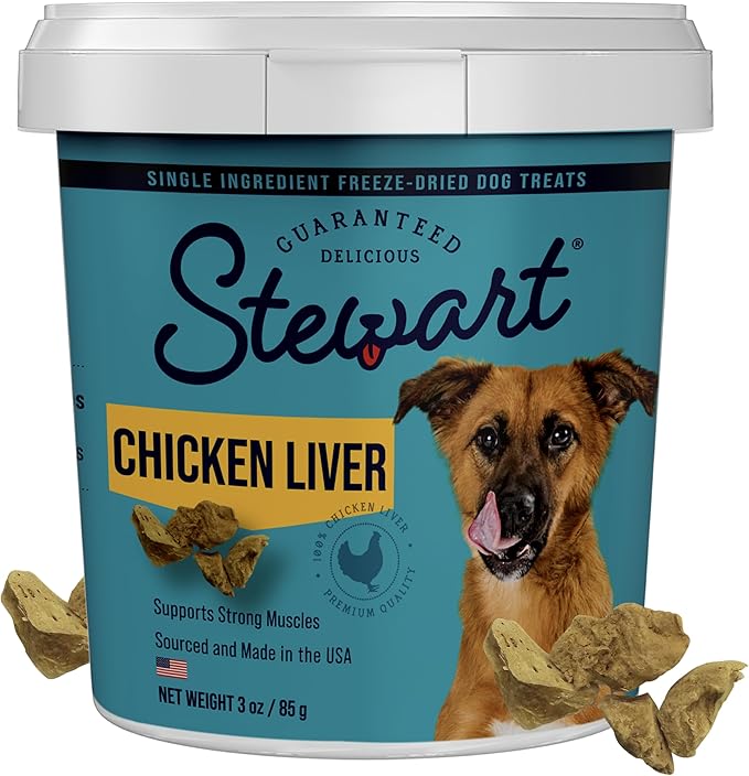 Stewart Single Ingredient Freeze Dried Raw Dog Treats, Chicken Liver, 3 Ounce, Approx. 55 Pieces per Resealable Tub, Training Treats or Meal Topper, High Protein, Grain Free, Gluten Free