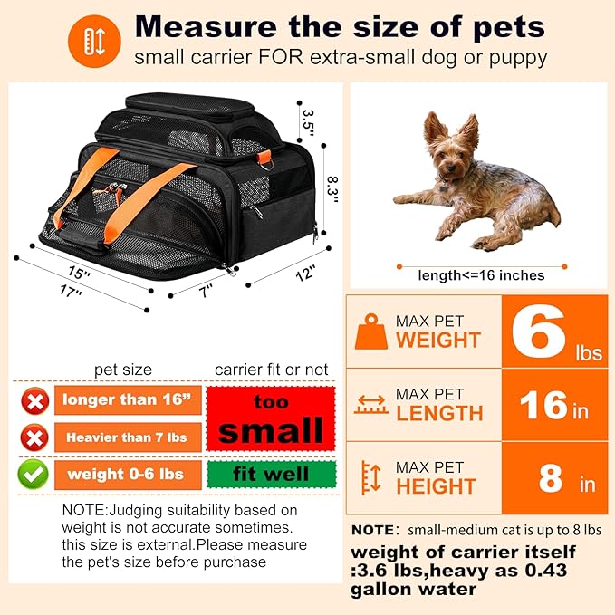 17x12x8.3 TSA Approved Expandable pet Carrier for Extra-Small Dog Under 6 lbs,Small-Medium cat Under 8 lbs,for jetblue and Other Airlines only Have 8.5'' Height Space underseat