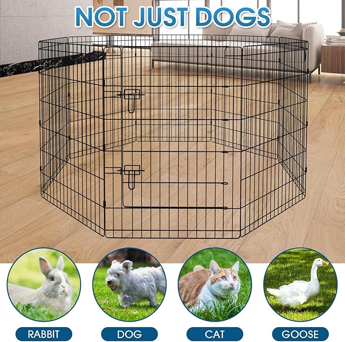 Peekaboo Pet Playpen Dog Fence Foldable Metal Dog Pen Wire Exercise Puppy Play Yard Pet Enclosure Indoor Outdoor 8 Panels 36 Inch with Bottom Pad/Top Cover(Black 36 top Cover)