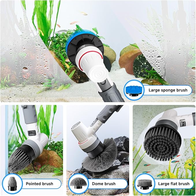 AQQA 8-in-1 Electric Aquarium Cleaning Kit Cordless Rechargeable Glass Scrubber IPX9 Waterproof Handheld Fish Tank Cleaner Powerful Algae Scraper & Cleaning Brush Set (Grey)