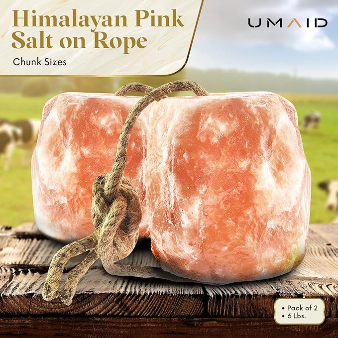 UMAID Himalayan Salt Lick 6 lbs. on Rope for Horses, Deer, Goats, Cow, Sheep, Cattle, Alpacas, and Livestock – Mineral Horse Treats, Natural Himalayan Rock Salt Block for Deer and Horses, 4 Pack