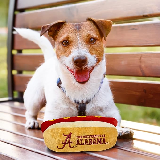 NCAA Alabama Crimson Tide HOT Dog Plush Dog & CAT Squeak Toy- Cutest HOT-Dog Snack Plush Toy for Dogs & Cats with Inner Squeaker & Beautiful Football/Basketball Team Name/Logo