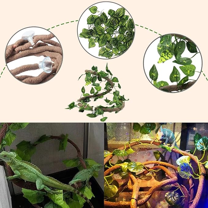 PINVNBY Reptile Resin Castle Decoration,Bearded Dragon Habitat Accessories Crested Gecko Hideouts Cave Reptiles Vines Flexible Jungle Climbing Vines Decor for Chameleon Snake Gecko Lizard(4 Pcs)