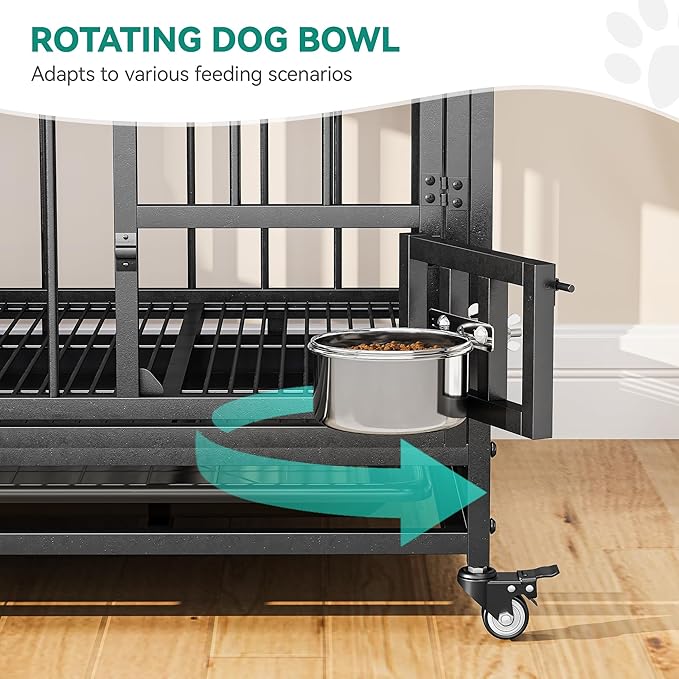 YITAHOME 42.5'' Heavy Duty Dog Crate with Removable Divider, Double Doors & Locks Design, Furniture Style Large Dog Crate with 360° Rotatable Dog Bowls & 360° Wheels & 2 Trays for Small/Medium Dog