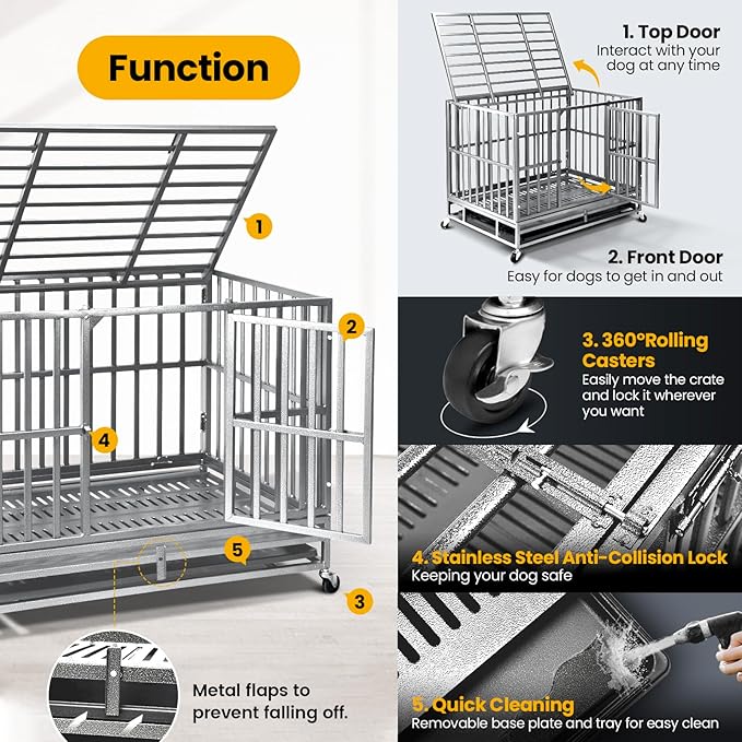 Oranland 38 inch Heavy Duty Indestructible Dog Crate,2025 New Upgraded Reinforced Baseplate for Large Dogs,XL Dog Crate for High Anxiety Dogs/Max Load Capacity 200lbs/Double Door with WheelsοΌSilverοΌ
