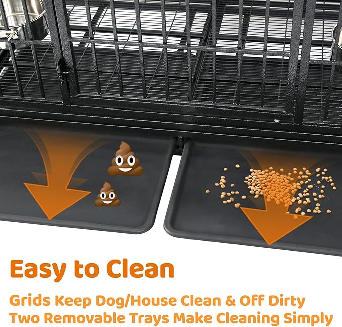 Homey Pet 48/43/37 Inch Heavy Duty Indestructible Dog Crate, Stackable Escape Proof Dog Cage Kennel Indoor with Two Trays, Metal Grids, Wheels, Bowls, Double Doors for High Anxiety Large Dogs