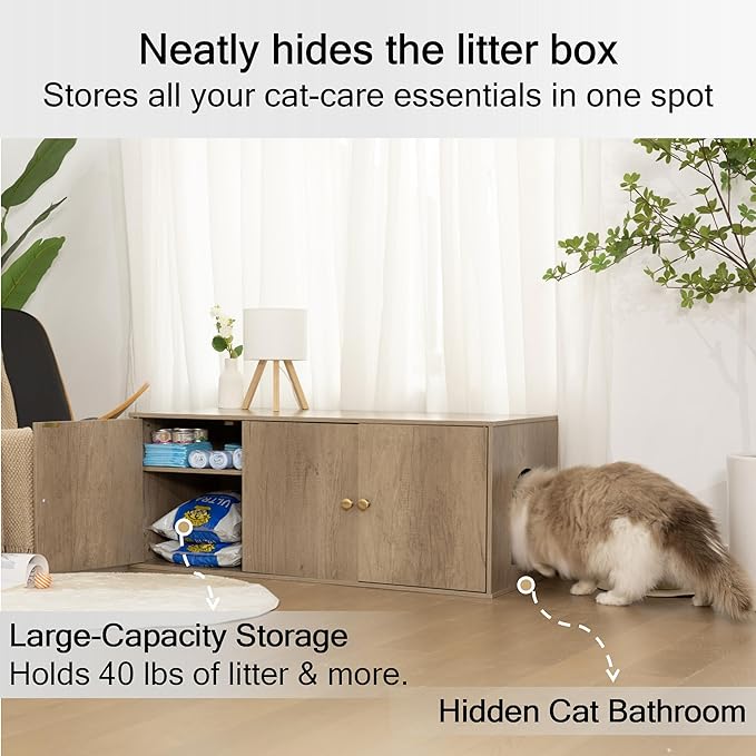 Wooden Cat Litter Box Enclosure with Storage Compartment with Adjustable Divider, Hidden Litter Box Furniture and Hall Table, Cat Box Enclosure, 42.5''L*18.5W*16.9H (Light Oak, Plain)