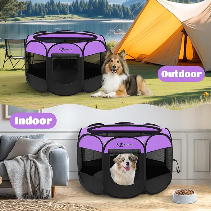 Large Dog Playpen, Puppy Pet Playpen Indoor, Dogs Tent Crates Cage Indoor/Outdoor, Portable Pop Up Dog Kennel Playpen with Carrying Case for Dogs/Cats/Rabbits, Removable Zipper Top, Purple