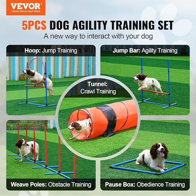 VEVOR Dog Agility Training Equipment, Dog Obstacle Course Backyard Set with Adjustable High Hurdles,6 Weave Poles,Extended Tunnel,Jump Ring,Pause Box,Whistle Foldable Bowl Training Pouch Storage Bag
