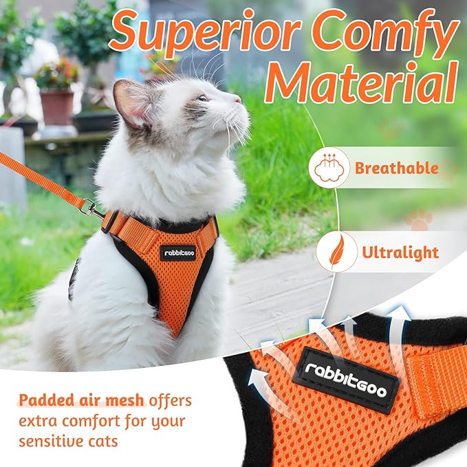 rabbitgoo Cat Harness and Leash for Walking, Escape Proof Soft Adjustable Vest Harnesses for Cats, Easy Control Breathable Reflective Strips Jacket, Orange, M