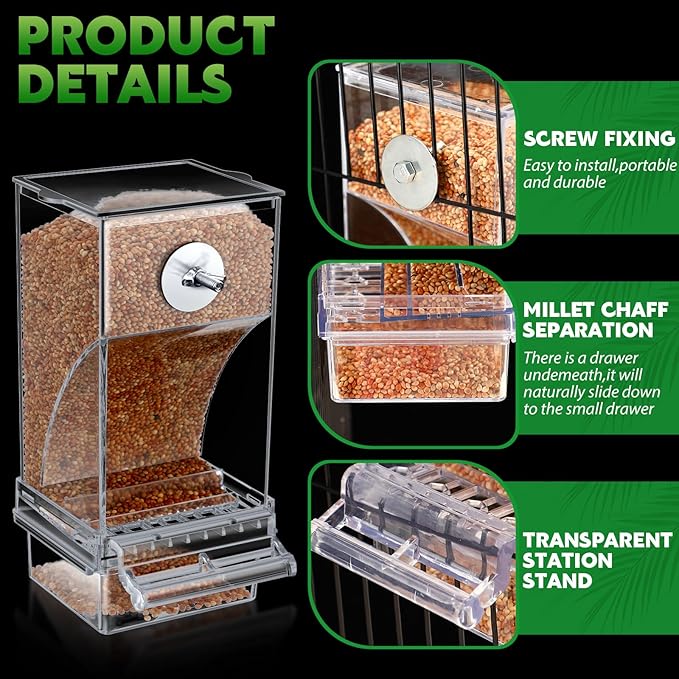 Yaomiao 4 Pcs No Mess Bird Feeders Automatic Parrot Water Dispenser Clear Quail Feeder and Watered Cage Accessories for Small and Medium Parrot Cockatiel Canary(Seed Feeder,Transparent)