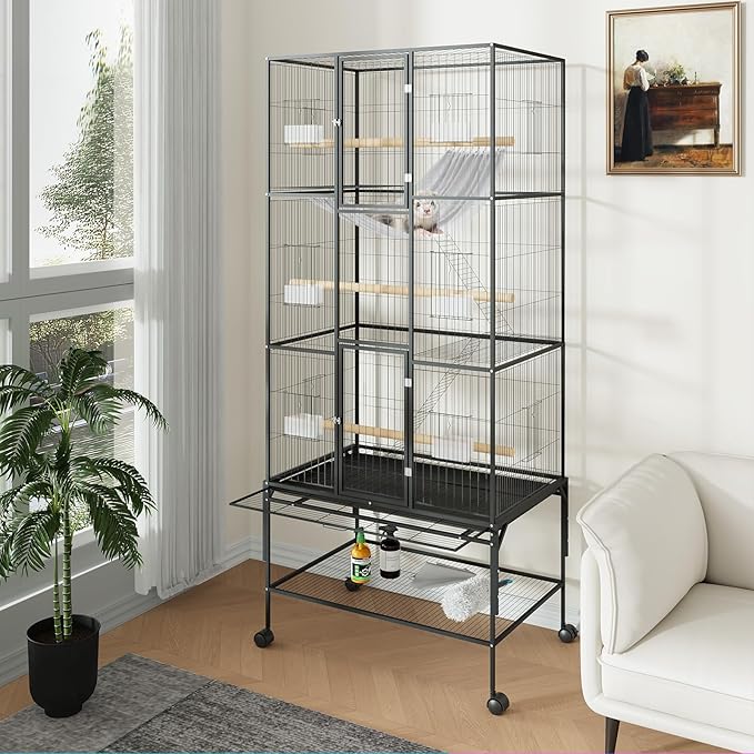 69-Inch Extra Large Bird Cage, Parakeet Bird Cage with Detachable Storage Stand, Rolling Cockatiel Cage for Mid-Sized Parrots Cockatiels Canaries Lovebirds Conures Finch, Black