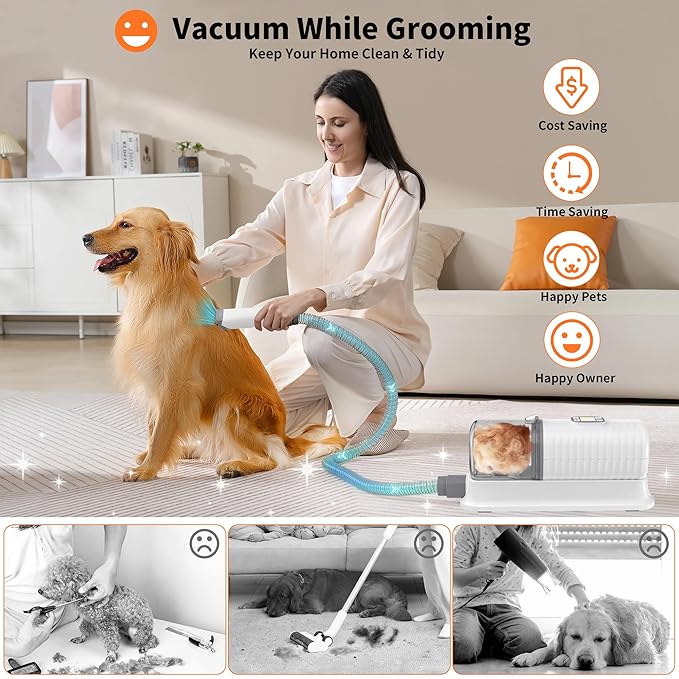 Dog Grooming Vacuum & Hair Dryer Dog Blower for Shedding Grooming, 6 in 1 Pet Grooming Vacuum for Dogs Cats at Home with Pet Clippers and 4 Combs, 9 Adjustable Speed and Temperature Control