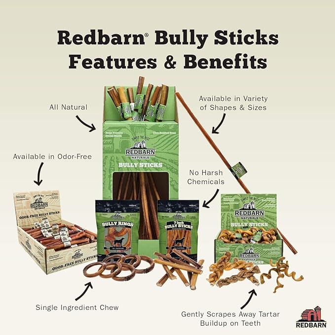 Redbarn 7" Braided Bully Sticks for Dogs. Natural, Highly Palatable, Long-Lasting Dental Chews Sourced from Free-Range, Grass-Fed Cattle (20 Sticks)