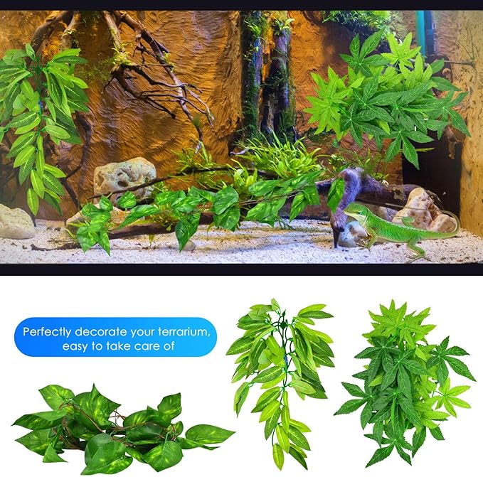 KATUMO Reptile Plants, 3PCS Amphibian Hanging Plants with Suction Cup for Lizards, Geckos, Bearded Dragons, Snake, Hermit Crab Tank Pets Habitat Decorations