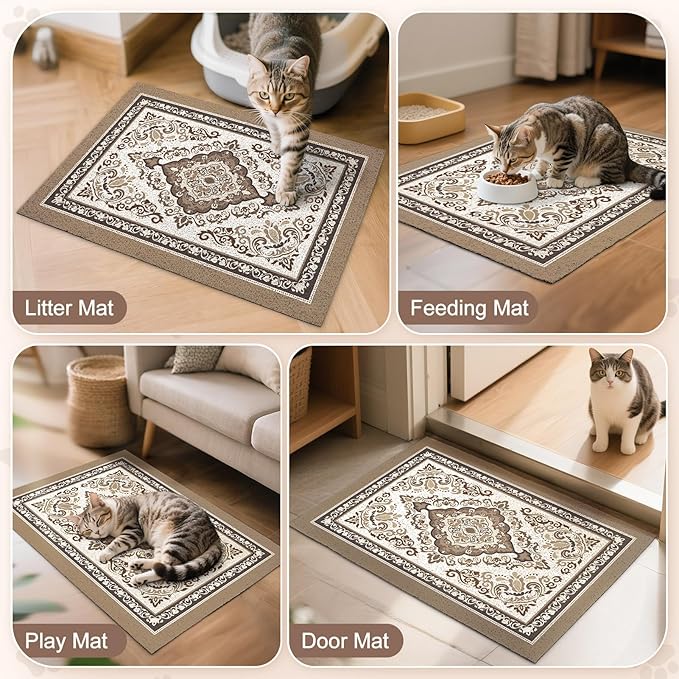 Unicorn Catcher Cat Litter Mat 33" x 22" Non-Slip Litter Box Mat Washable Litter Catcher Mat for Litter Box Indoor Food Mat Supplies Essentials, Brown