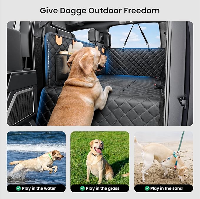 REEVAA Dog Truck Seat Cover for Back Seat, Hard Bottom Dog Hammock for Car, Pet Bed Extender for 2-4 Large Dogs, Waterproof Seat Protector, Universal XL Size Fits for Crew Cab Truck/SUV, Black+Orange