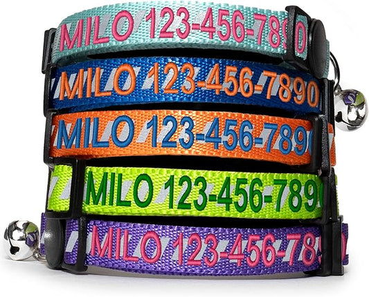 Pawtitas Personalized Cat Collar with Safety Buckle and Removable Bell Cat Collar with Name Phone Number Kitten Adjustable Collar Customized Cat Collar | Blue Reflective Collar for Cats