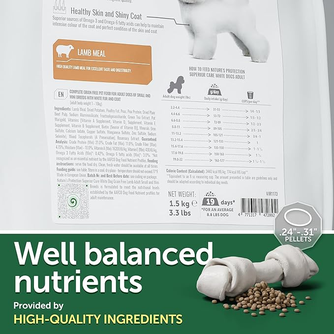 Nature's Protection Superior Care White Dogs Grain-Free Dry Dog Food - High Protein, Tear Stain Dog Food for Small & Mini Breeds Light Coated Adult Dogs, Fresh Pet Meal, Lamb, 22 lb