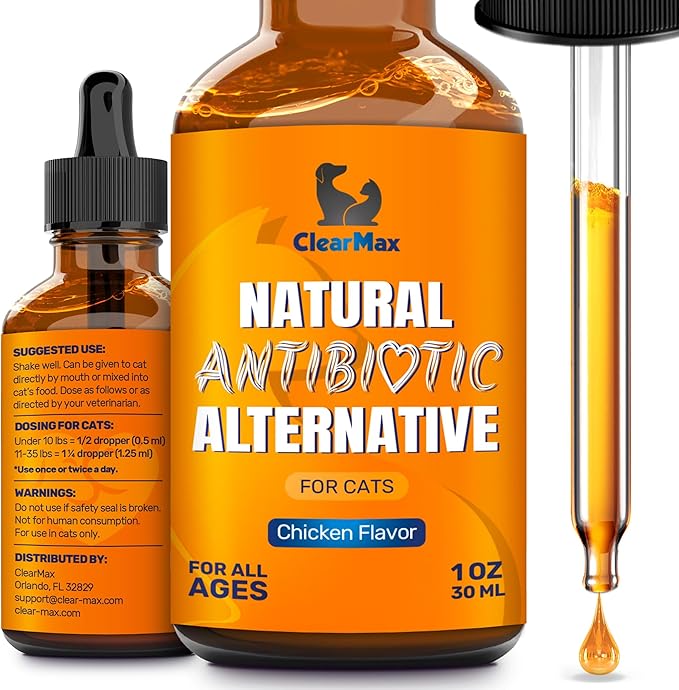 Cat Antibiotic to Help with Cough & Allergies โ Antibiotics for Cats to Aid with UTIs and Digestive Moments โ HIPS & Joints Support โ Attractive Chicken Taste โ 1 Oz Bottle