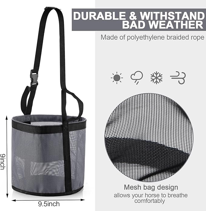 2 Pcs Horse Feed Bags for Grain Mesh Grain Feeder Bucket with Adjustable Strap and Waterproof Bottom for Feeding Fodder Powder Supplements(Black and Gray)
