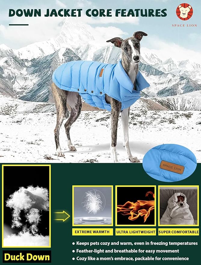 SPACE LION Puffer Jacket, Down Winter Coat, Durable Outdoor Coat for Cold and Windy Conditions, Waterproof, Windproof, Lightweight Jacket, Adjustable Fit for Medium, Large Dogs(Blue,XL)