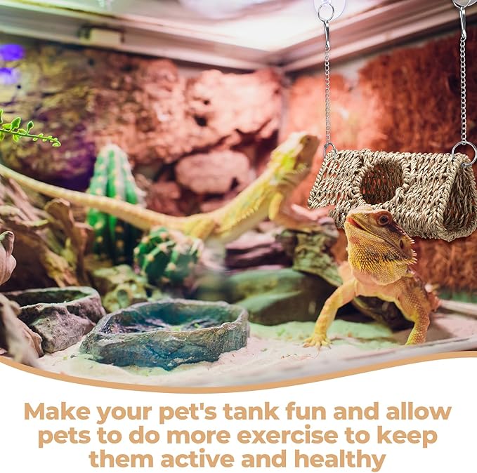 Reptile Hide Cave Hollow Cave Hideout with 2 Pcs Suction Cup and Chains Gecko Hide Reptile Tank Decor Seagrass Fiber Climbing Toys for Lizard Snakes Hermit Crabs (Triangle)
