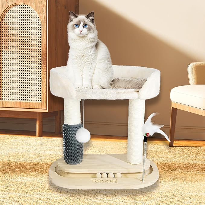 Small Cat Tree Tower, Cat Scratching Post 6-in-1 Cat Tree with Self Groomer Brush, Natural Sisal Scratcher Cute Kitten Climbing Tower with Bed, Hanging & Track Toy for Indoor, Beige
