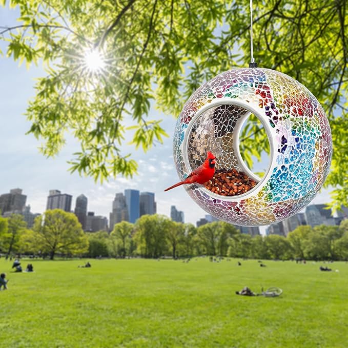 Yinns Mosaic Bird Feeder- Fly Through Glass Bird Feeders for Outside Hanging with Round Shape Glass Container Wild Birdfeeder for Garden Decor, 6.5 Inch Multicolor